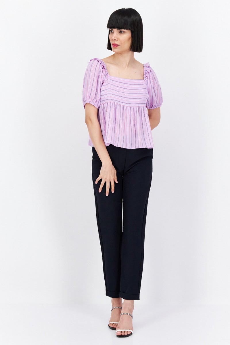 Riley & Rae Women Square Neck Puffed Sleeves Stripe Print Top, Lavender Combo - Image 4